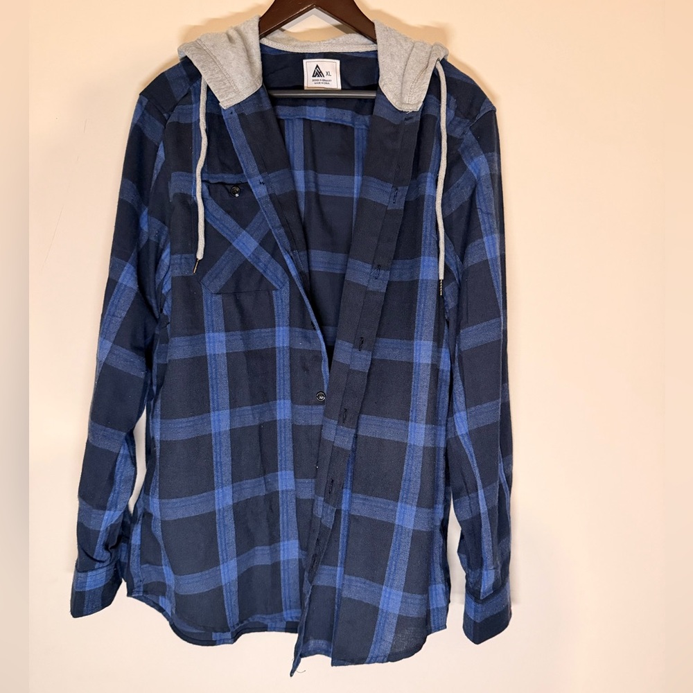 Blue and Black Plaid Hooded Shirt